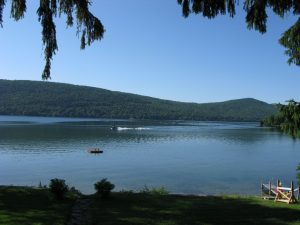Lake George with boat and swim dock